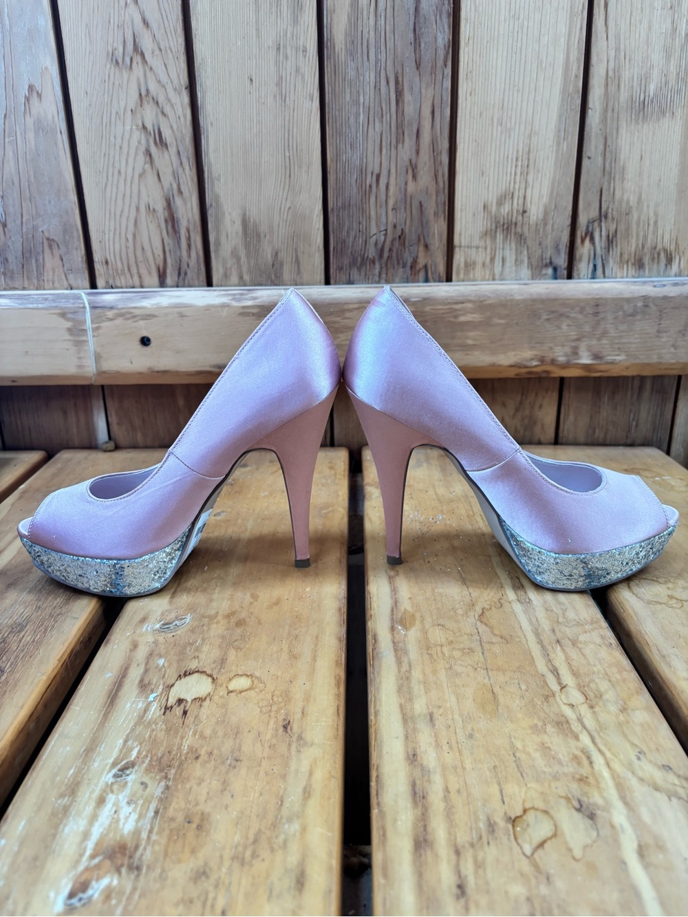 Le Château Light Pink Satin Peep-Toe Platform Heels - Picture 6 of 8